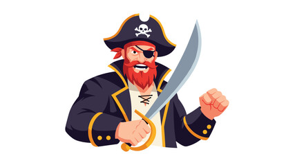 Obraz premium Grinning pirate captain with a thick red beard, an eyepatch, and a tricorne hat holding a sharp silver cutlass.