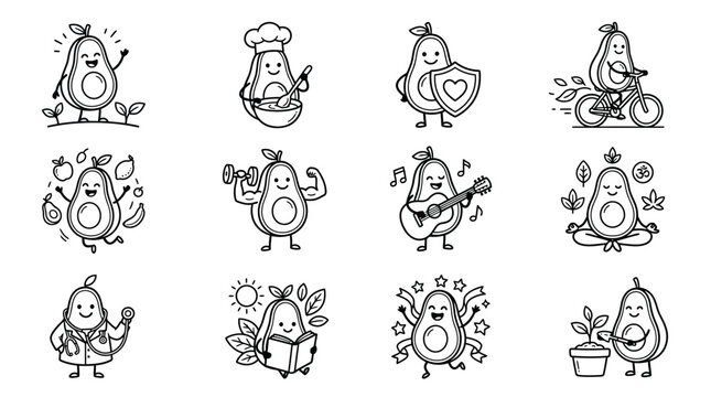 Cartoon Avocado Characters Various Poses.