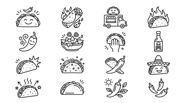 Tacos and Mexican food icons.