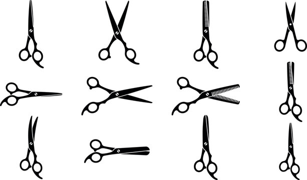 Professional barber scissors and hair thinning shears black silhouette vector icon set isolated on white background