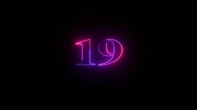 Animated neon number 19. Two-color looping trendy glowing neon numeric number nineteen. Educational mathematics concept with neon letter