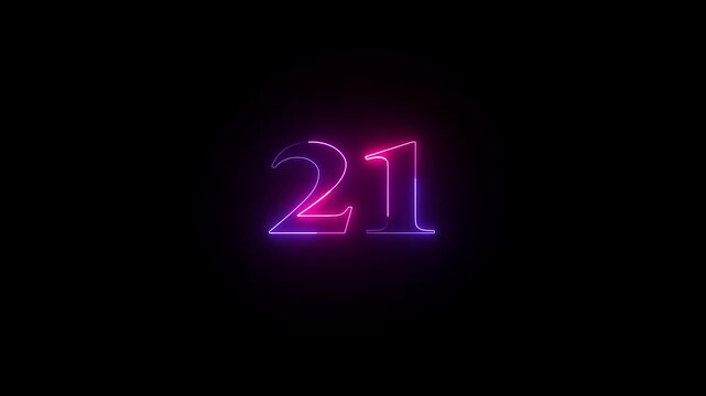 Animated neon number 21. Two-color looping trendy glowing neon numeric number twenty-one. Educational mathematics concept with neon letter