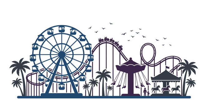 A detailed silhouette illustration of a vibrant amusement park featuring rides and palm trees.