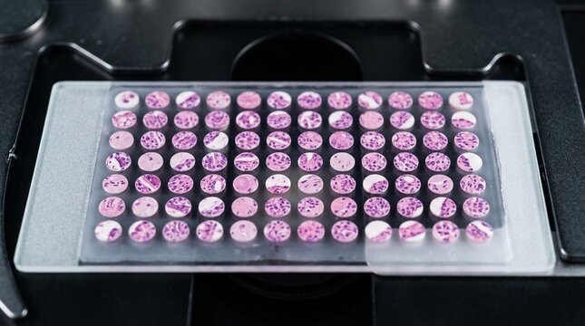 Tumor-tissue microarray slide viewed under low magnification, dozens of small circular tissue cores arranged in a precise grid pattern