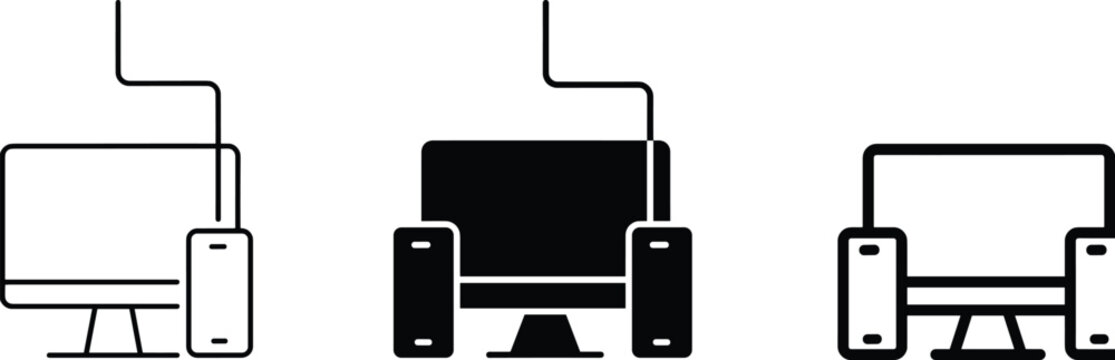 Responsive Web Design and Device Sync Icon Vector Set Featuring Computer Monitor Desktop and Smartphone Screen Display Layouts for Modern Interface Development