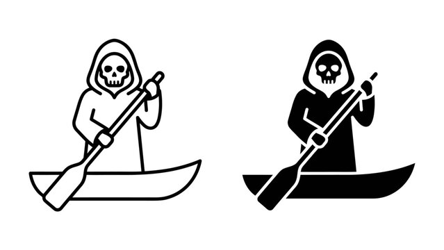 Grim Reaper in a Boat: Two stylized icons depict the Grim Reaper rowing a boat, one in outline and the other as a silhouette, symbolizing the final journey.