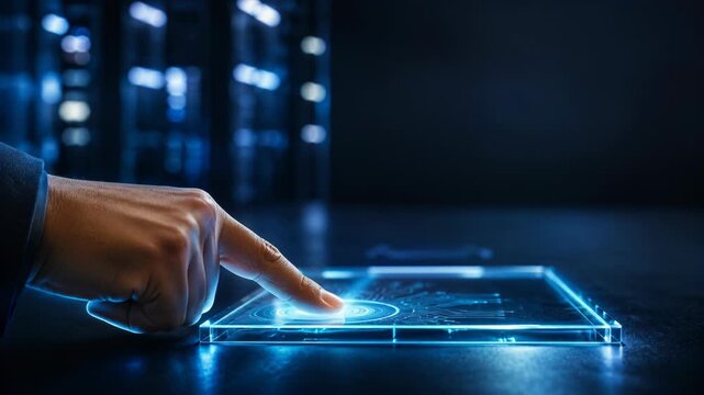 Finger Touching Futuristic Digital Interface Glowing Technology and Interaction with Holographic Display Showcasing Advanced Innovation