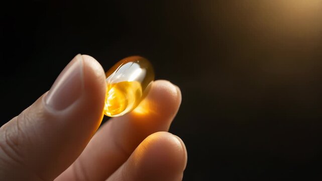 Hand Holding Golden Fish Oil Capsule, Showcasing Smooth Surface and Reflecting Light for Optimal Health and Nutrition Benefits