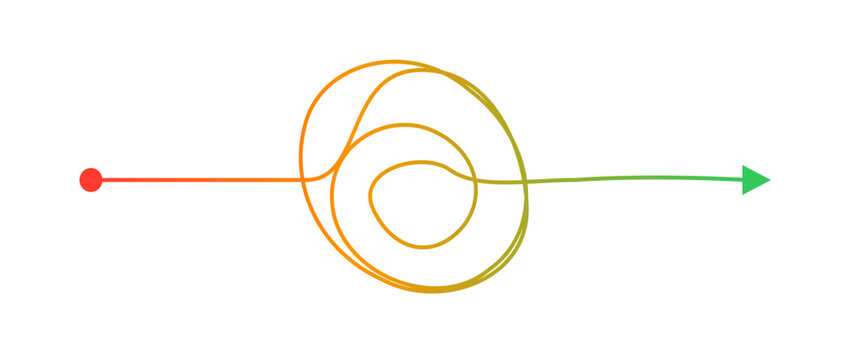 Gradient line arrow with scribble circle showing confusion to clarity concept for problem solving process and business direction