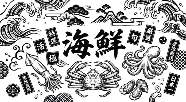 Japanese seafood vector illustration set with ocean waves kanji calligraphy crab octopus squid oyster and pine tree borders