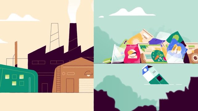 Industrial Factory Buildings with Manufacturing Plant and Smoke Stack Skyline 2D Animation