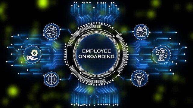  Glowing employ onboarding button in German on a futuristic, abstract wave technology on black background. graphs enhance the atmosphere of innovation and collaboration.