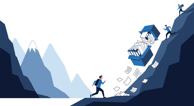 Businessmen running on mountain slope during falling document boxes symbolizing heavy workload and database crash.
