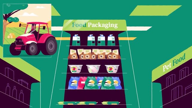 Food Packaging Retail Display Shelf with Sustainable Product Packaging in Supermarket Animation