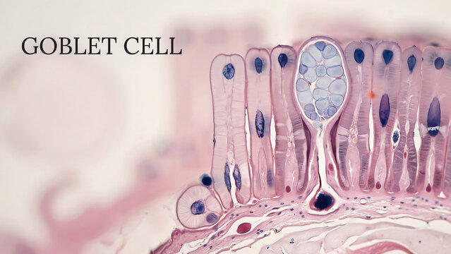 Goblet cell in epithelial tissue under microscope with mucin vesicles and columnar cells  human biology and medicine concept