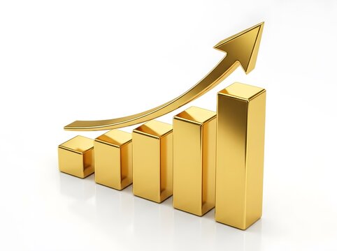 Golden bar chart with upward arrow representing financial growth and success