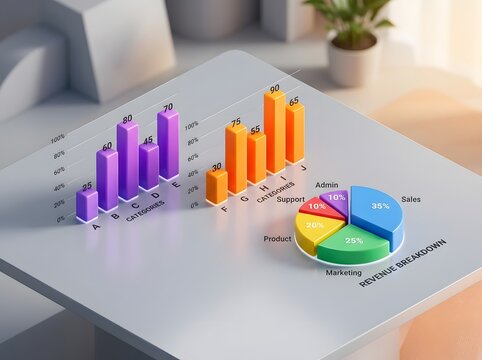 Business presentation desk with colorful 3D bar charts and pie chart, business