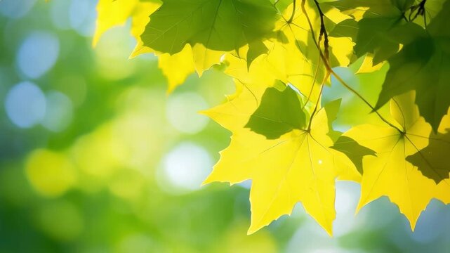 Yellow and green maple leaves on branch in soft sunlight bokeh, early autumn foliage, seasonal nature transition, fall freshness.