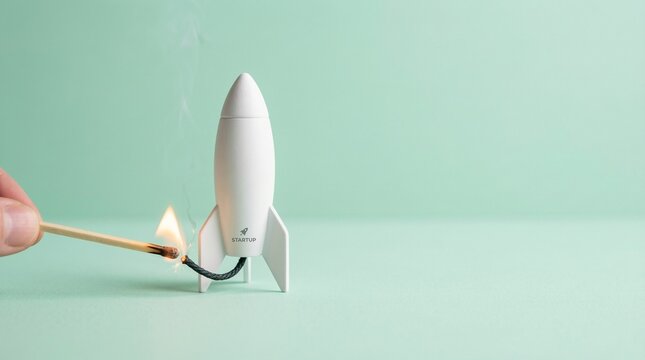 Hand lighting a rocket fuse with a match, symbolizing innovation and kickoff