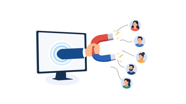Computer Monitor With Hand Holding Magnet Attracting Online Customers Flat Design Animation.
Lead Generation, Clients acquisition,  And Digital Marketing Concept