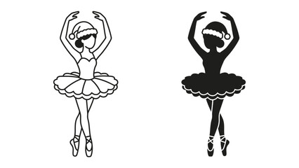 Christmas Ballerina Silhouette: A festive ballerina in a tutu and Santa hat, depicted in both line art and silhouette, strikes a graceful ballet pose, celebrating the holiday season with elegance. © Hasna