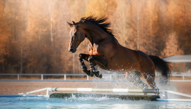 A beautiful bay horse without a rider jumping over a water hurdle in an outdoor arena, showcasing powerful movement, splashing water, and a warm autumn forest background.