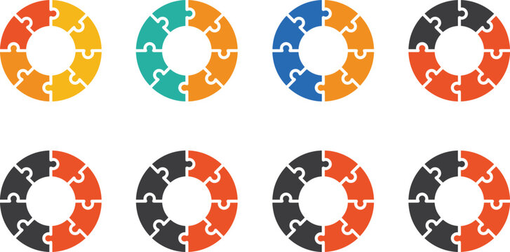Circular Jigsaw Puzzle Chart Vector Set Featuring Colorful Divided Segments for Business Infographics, Step Progress Diagrams, and Data Process Workflow Presentations