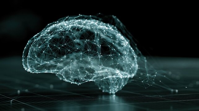 Abstract neural network of glowing nodes forming a brain shape on a dark grid floor
