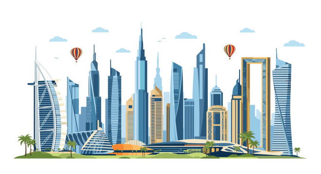 Panoramic vector illustration of the famous Dubai city skyline with iconic skyscrapers and hot air balloons.