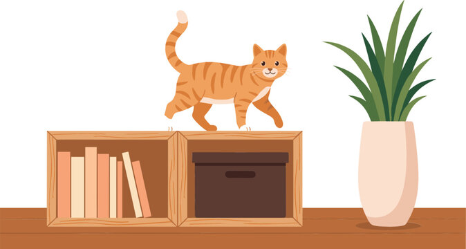 Cute ginger tabby cat walking on wooden shelf with books and houseplant in pot flat vector illustration isolated on white background.