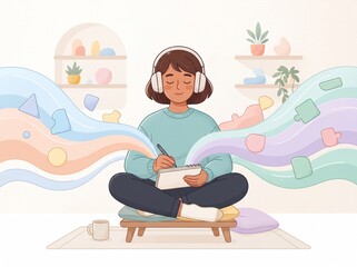 Obraz premium Young woman wearing headphones writing in a notebook surrounded by colorful flowing abstract waves of creativity and imagination