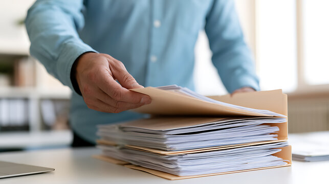 Professional worker manage important documents in office, close up hand organize files a, paper, and reports on desk in business environment