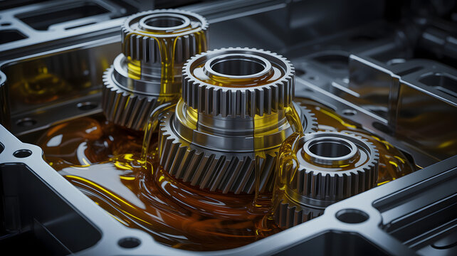 Blurry close-up of mechanical gears with oil