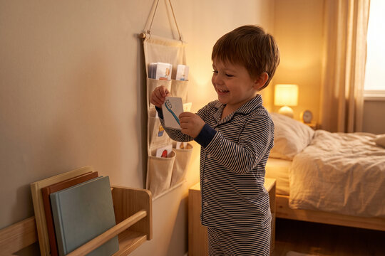 Child Hanging Bedtime Routine Card on Wall Chart
