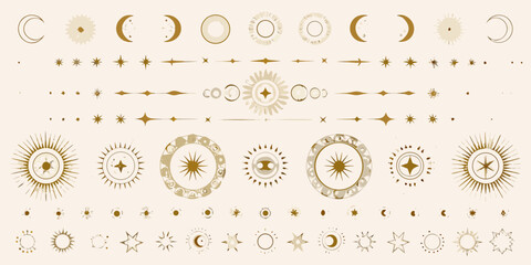 celestial gold dividers and circular frames featuring stars moons vector illustration astronomy cosmic ornament pattern design graphic art decoration symbol icon © Tarun
