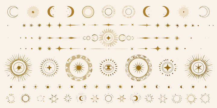 celestial gold dividers and circular frames featuring stars moons vector illustration astronomy cosmic ornament pattern design graphic art decoration symbol icon