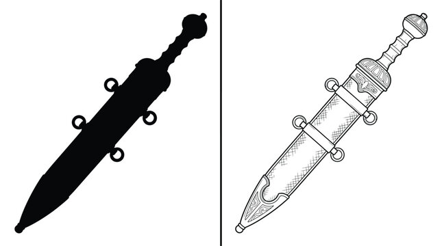 Sword Roman Gladius with a Scabbard and Two Ring Attachments, Depicted in Both an Outline and Solid Black Silhouette Style