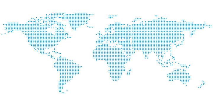 Dotted world map abstract halftone pixel pattern blue global continents modern technology communication network vector illustration.