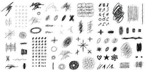 Hand drawn pencil scribbles and abstract sketch elements collection with crosses circles and chaotic lines vector illustration. © Design House