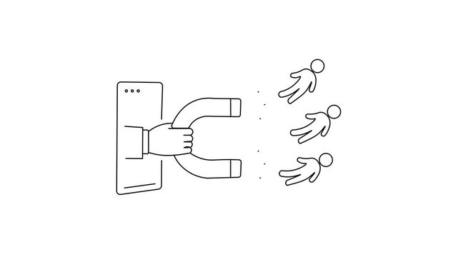 Minimal outline of a hand extending from a Device screen holding a horseshoe magnet attracts people. Modern concept of digital marketing, lead generation, online advertising,  and audience targeting, 