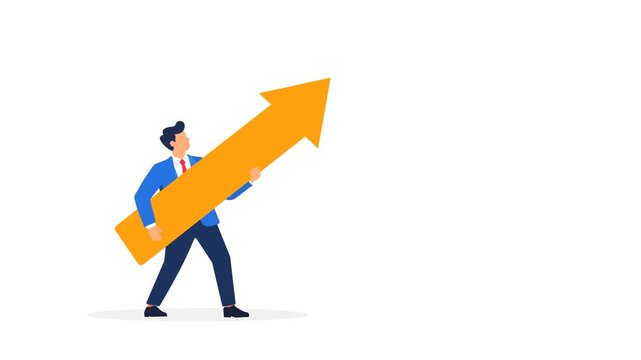 Businessman Carrying Giant Upward Arrow Flat Design animation isolated on white background. Business Growth And Success Concept. 
