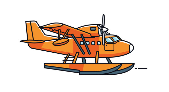 Orange vintage seaplane with propeller flying in the sky vector illustration of retro floatplane isolated on white background.