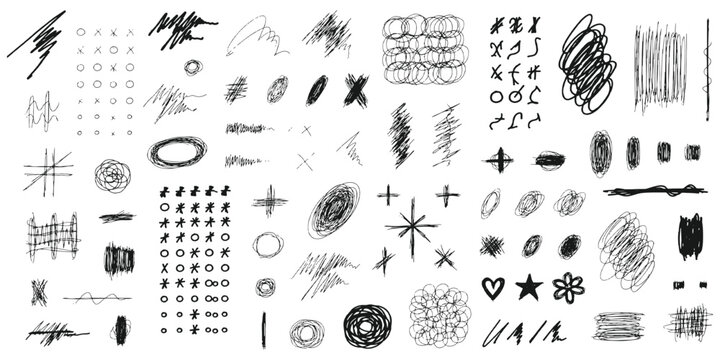 Hand drawn pencil scribbles and abstract sketch elements collection with crosses circles and chaotic lines vector illustration.