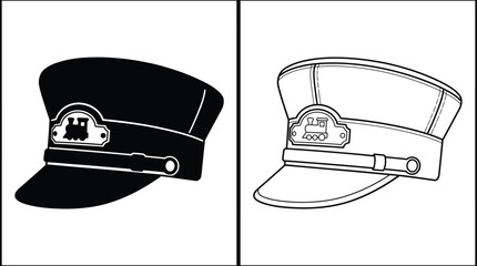 Train Conductor Hat with Black and Outline Versions, Featuring an Emblem of a Train Engine. © Hridoy