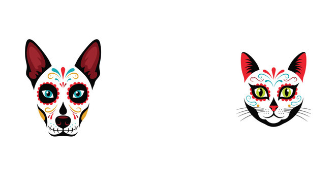 Sugar skull style illustration of a dog and a cat decorated with colorful floral patterns for Day of the Dead festival.