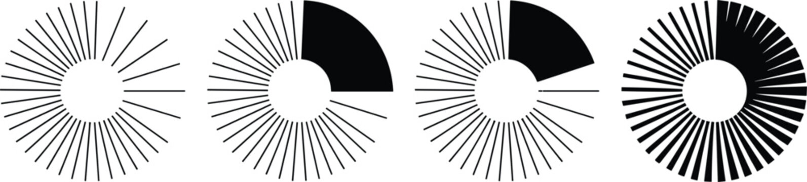 Abstract geometric circular loading indicators pack displaying diverse progress phases lines segment fill styles and radial dial shapes