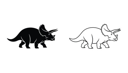 Triceratops Icon Set with Black Silhouette and Outline Illustration, Isolated on White Background © Hridoy