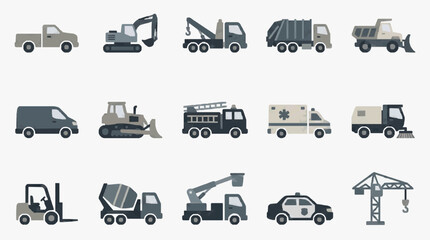 Creative Set of 15 Monochromatic Construction and Utility Vehicles Illustrated in Minimalist Flat Design © Vini
