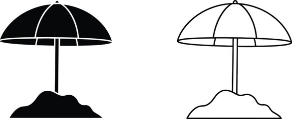 Umbrella Beach Parasol Set on Sand, Black Silhouette and Outline Icon Illustration with Minimalist Design © Hridoy
