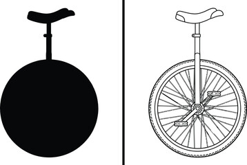Unicycle Monochrome Black and White Set with a Solid Silhouette and an Outline Style Illustration © Hridoy